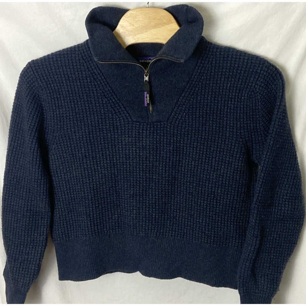 Patagonia Womens L Quarter Zip Sweater Dk Gray Textured Recycled Wool Winter